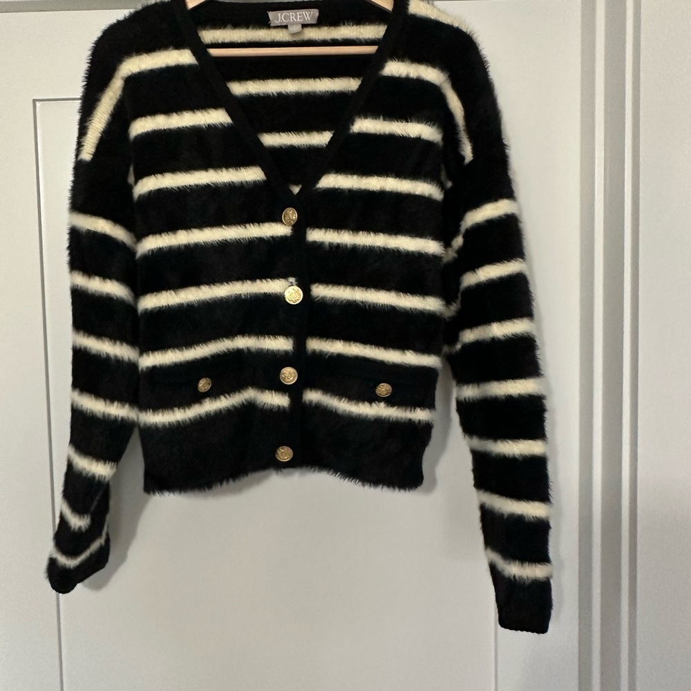 J. Crew Black and Cream Striped Cardigan with Gold Buttons